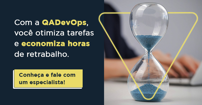 Banner de promoção da solução QaDevOps, que otimiza tarefas e economiza horas de retrabalho. E com CTA para conhecer e falar com especialista 