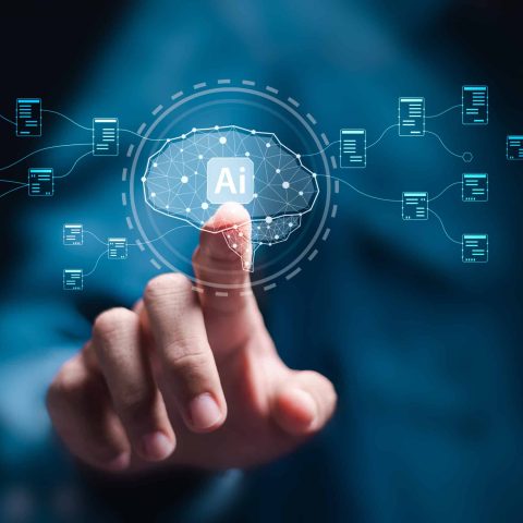 Ai tech concept, Businessman touching to Virtual Ai brain icon for artificial intelligence use analytics, automation and autonomous brain. big data management.