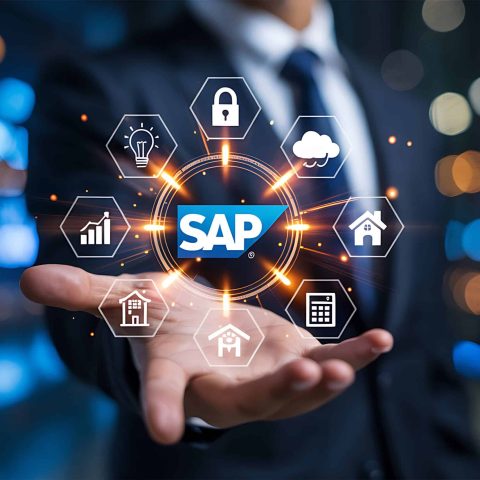 A professional in a dark suit holds out his hand, displaying a circular arrangement of white digital icons representing various business functions like analytics, security, cloud computing, and home services. The SAP logo is prominently featured at the center of the digital display, surrounded by glowing orange lines. The background is blurred with bokeh lights in blue and orange hues.