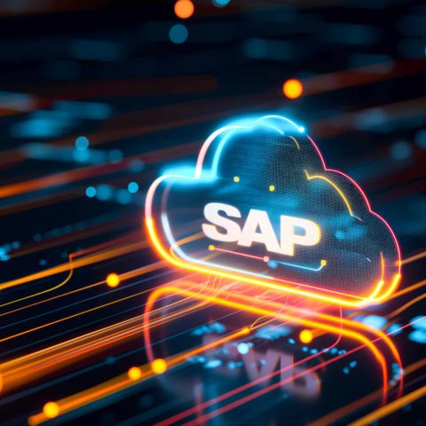 Cloud Computing Data Management. Neon glowing cloud symbol with a dynamic digital circuit pattern background. SAP technology