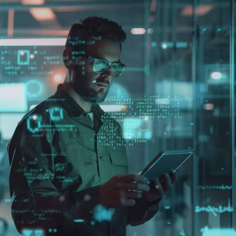 Man in a tech-heavy office working on a tablet with digital interfaces around.