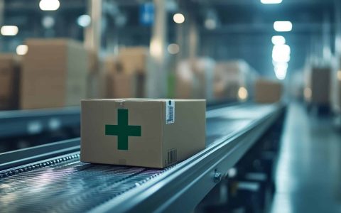 Overhead shot of a medical supply box on a conveyor belt in a well-organized warehouse, ideal for logistics and delivery.