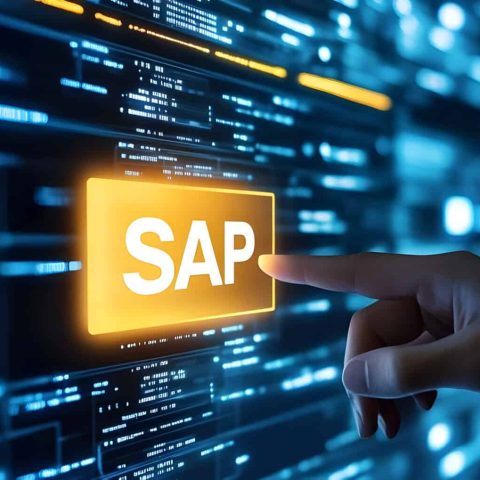 Illustration of SAP Software on Interactive Touchscreen, Business Technology Concept
